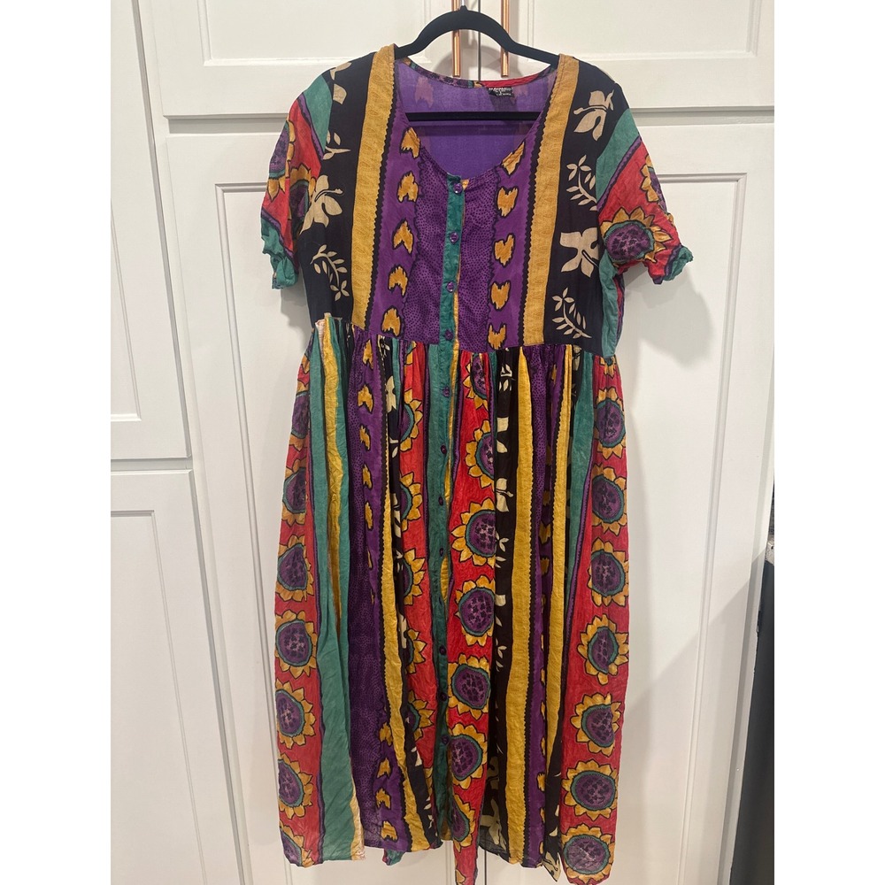 Naqui Womens Vintage Boho Cotton African y2k Midi Dress Purple Multi Large